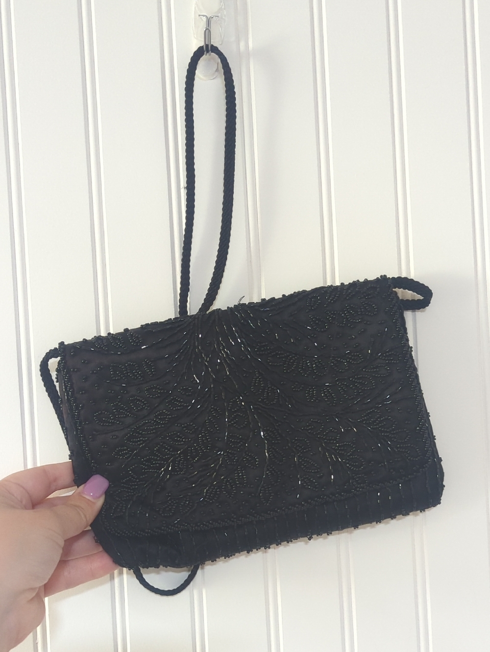 La Regale Black Beaded Evening Clutch with Shoulder Strap